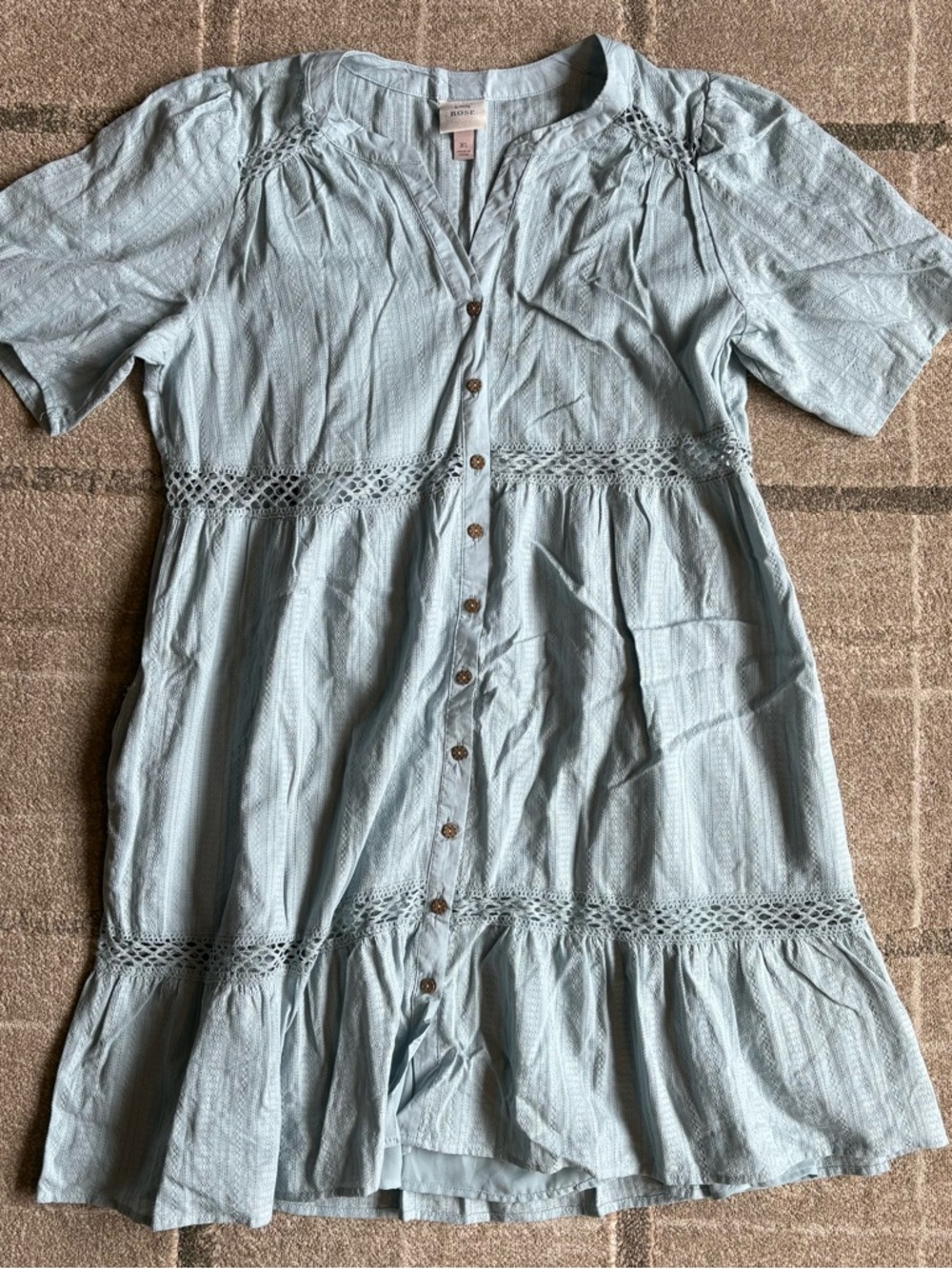 Knox Rose Dress Light Blue Green V Neck Short Sleeve Button Up XL Boho Dress